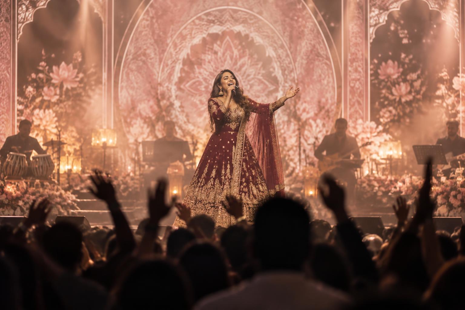 Performer on a warmly lit stage with a live band behind her